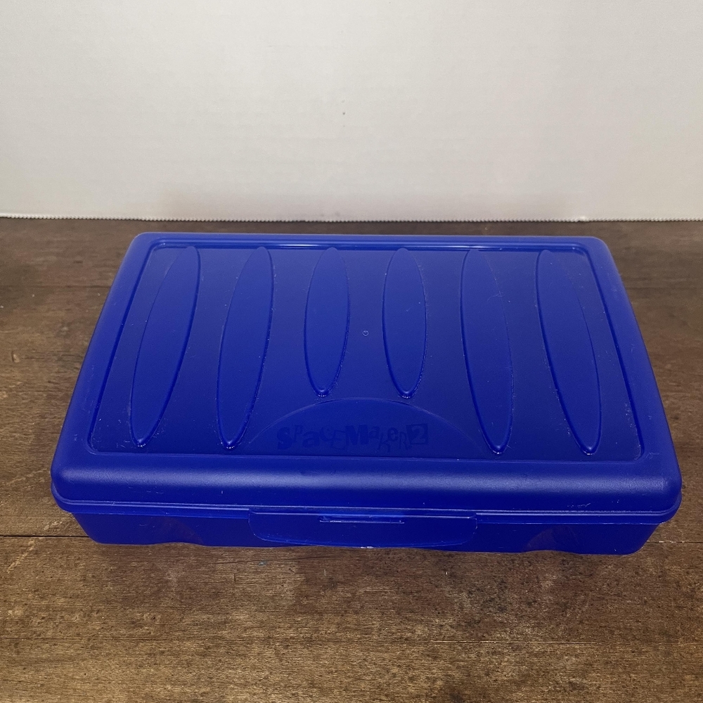VINTAGE SPACEMAKER 2 PENCIL CRAYON MARKER HOLDER BOX BLUE - STANDARD SIZE